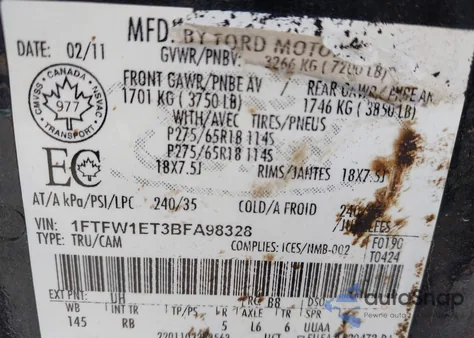 2011 Ford F-150 Fx4 из США, поврежденный, VIN 1FTFW1ET3BFA98328